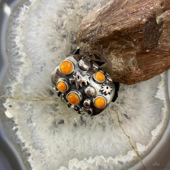 Carolyn Pollack Sterling Silver 5 Orange Spiny Oyster Petroglyph Ring For Women - Picture 2 of 10